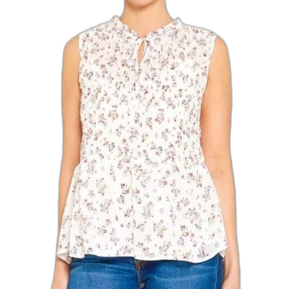 Pleione Women's Large Floral Bow Tie Keyhole Neck Smocked Sleeveless Blouse Top